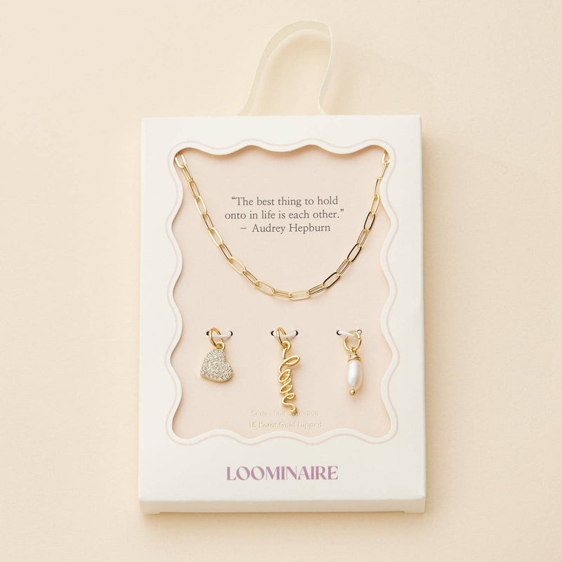 Gold Dipped Charming "Love" Pendant Necklace with Heart and Pearl Accents