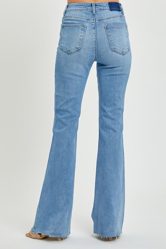 High Rise Raw Cut Hem Boot Cut Jeans