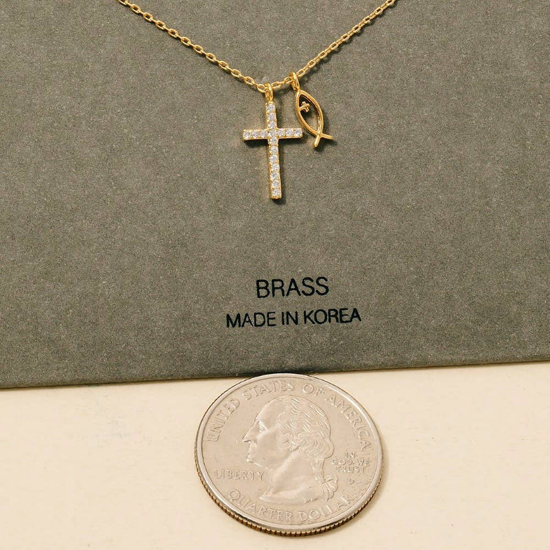 Pave Cross And Fish Charms Chain Necklace