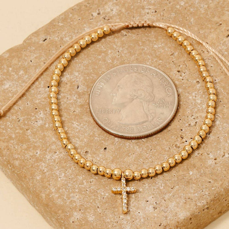 Cz Pave Cross Charm Beaded Cord Bracelet