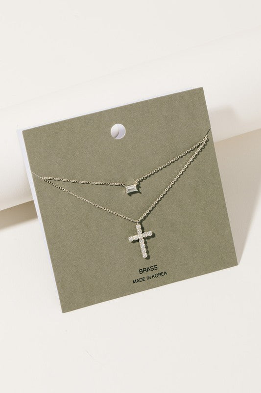 Rhinestone Layered Cross Necklace