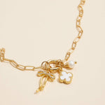 Gold Dipped Bow Charm Necklace with Clover and Pearl