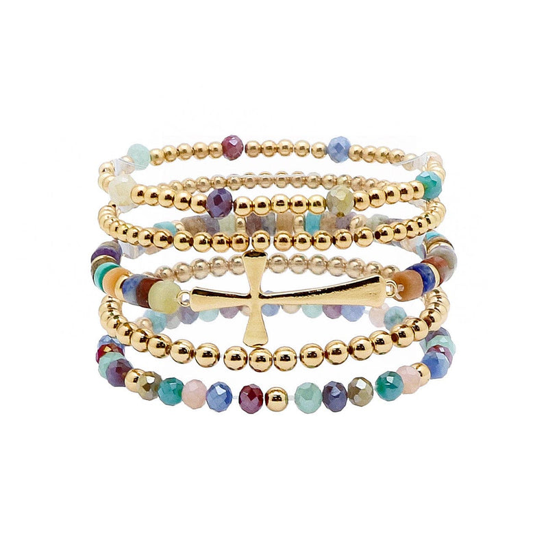 Multi Crystal & Gold Cross Stretch Bracelet Set