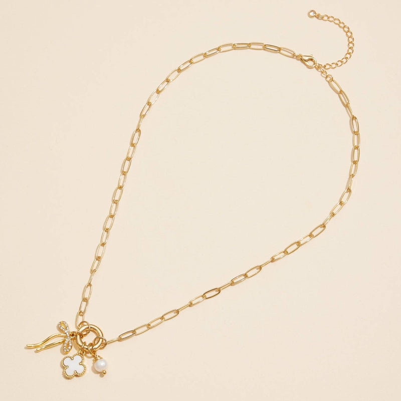 Gold Dipped Bow Charm Necklace with Clover and Pearl