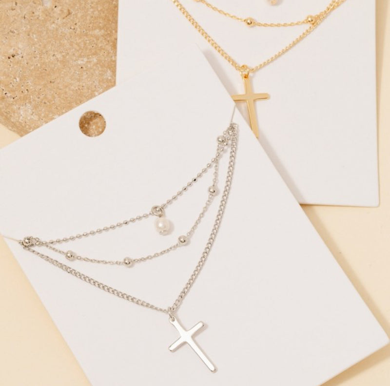 Layered Cross & Pearl Necklace