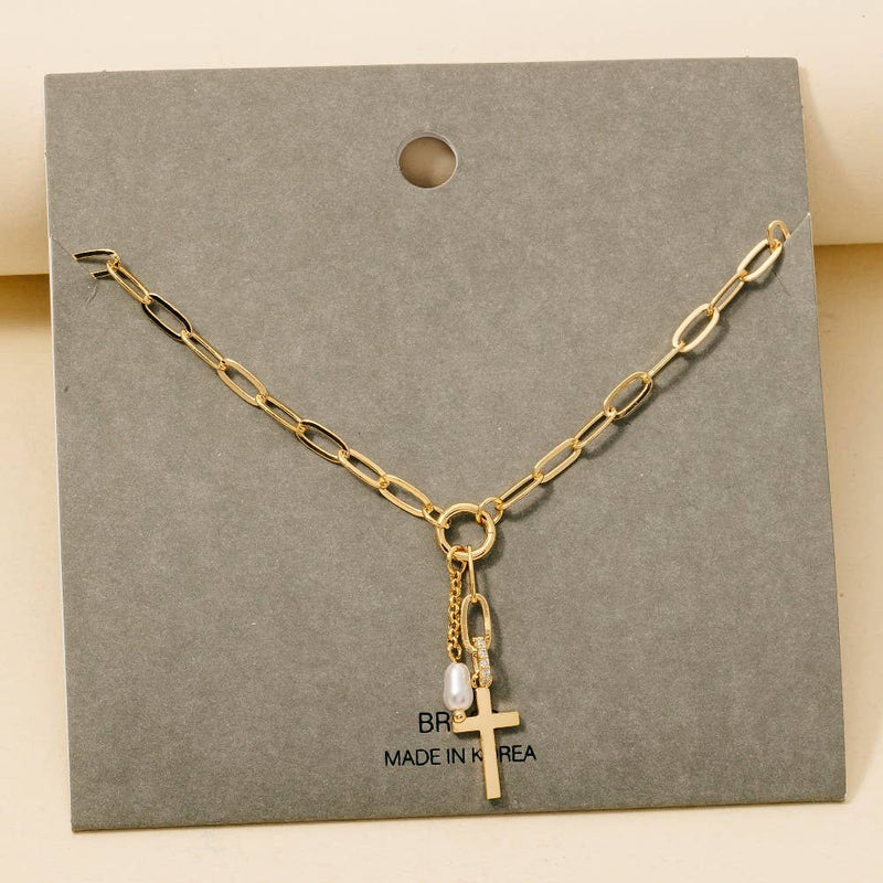 Cross And Pearl Dangle Pave Chain Charms Necklace