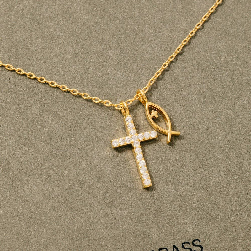 Pave Cross And Fish Charms Chain Necklace