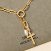 Cross And Pearl Dangle Pave Chain Charms Necklace