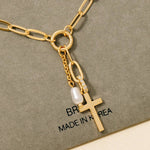 Cross And Pearl Dangle Pave Chain Charms Necklace