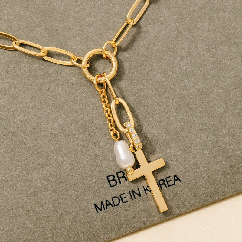 Cross And Pearl Dangle Pave Chain Charms Necklace