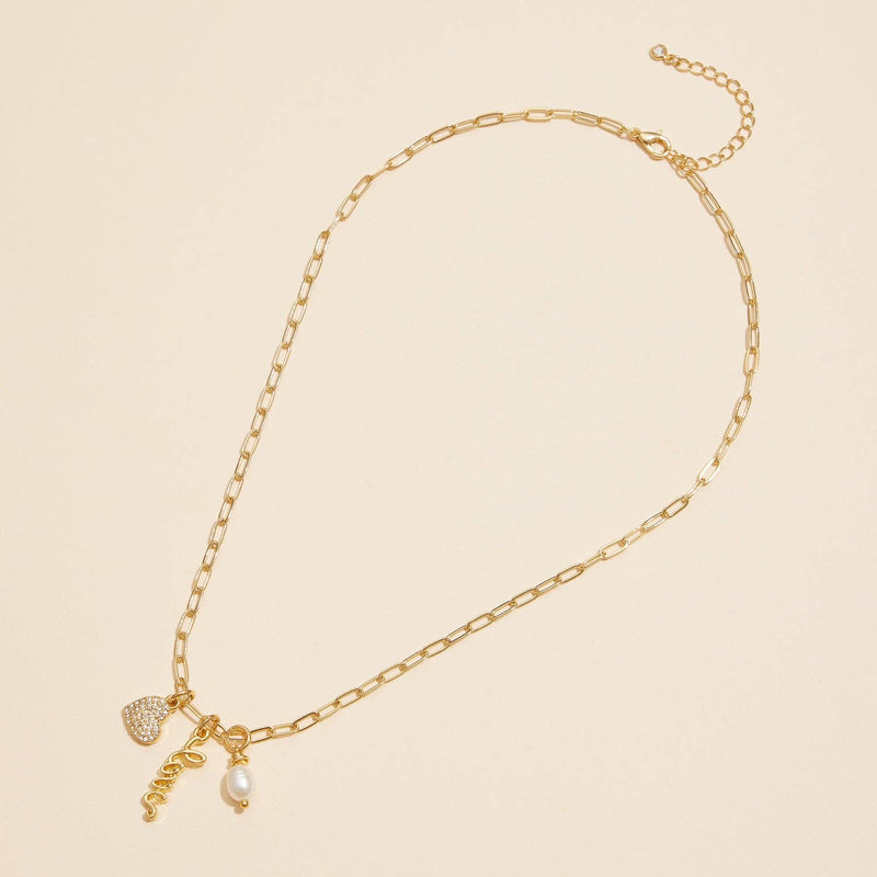 Gold Dipped Charming "Love" Pendant Necklace with Heart and Pearl Accents