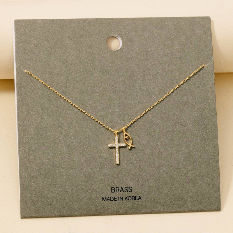 Pave Cross And Fish Charms Chain Necklace