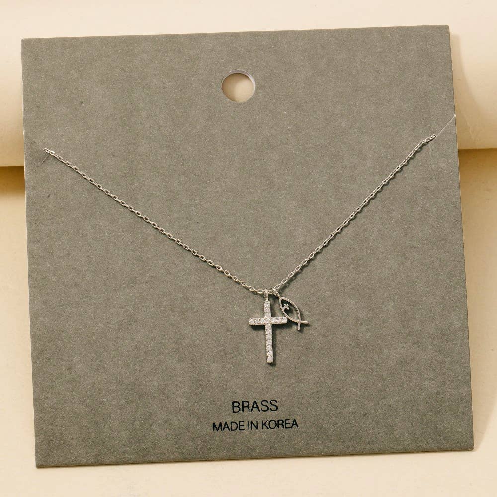 Pave Cross And Fish Charms Chain Necklace