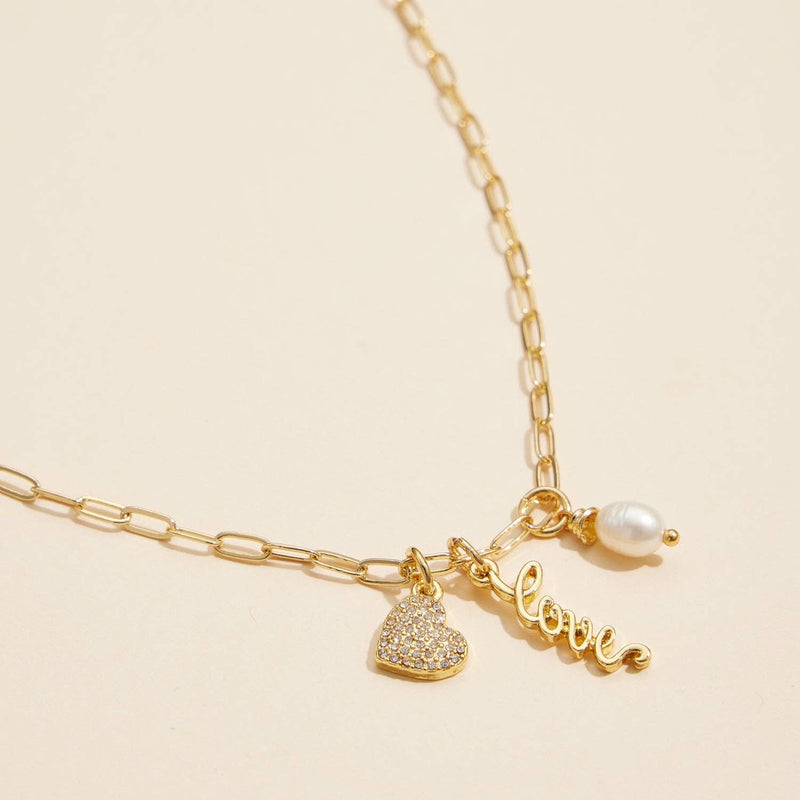 Gold Dipped Charming "Love" Pendant Necklace with Heart and Pearl Accents